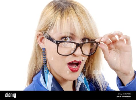 A Funny Portrait Of A Pretty Blonde Woman With Glasses On White Stock Photo Alamy