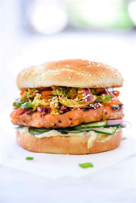 Korean Bbq Salmon Burger With Kimchi Slaw Bbq Burgers Grilled Steak Recipes