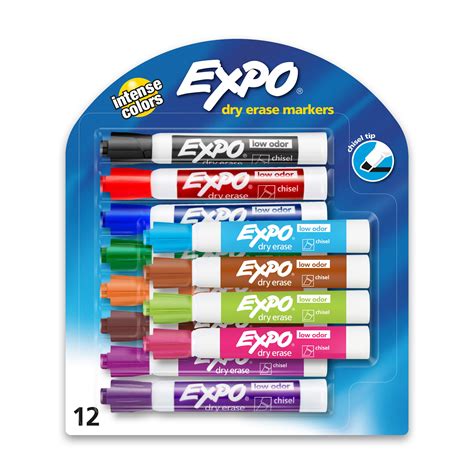 Expo Low Odor Dry Erase Markers Chisel Tip Assorted Colors 12 Count