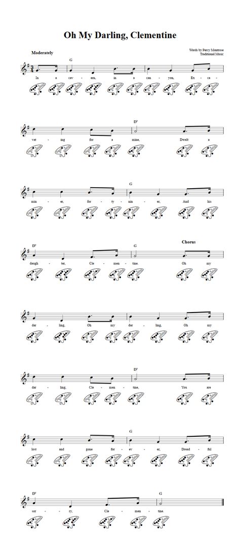 Oh My Darling, Clementine: Chords, Sheet Music, and Tab for 12 Hole Ocarina with Lyrics