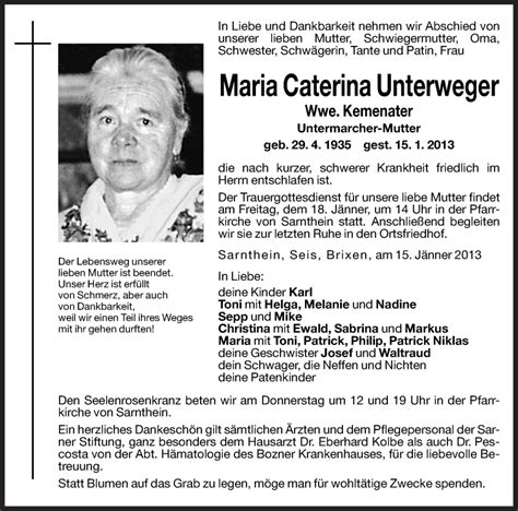 Traueranzeigen Von Maria Caterina Kemenater Trauer Bz