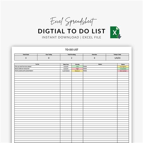 To Do List Excel Spreadsheet Digtial Excel Template Digital Checklist