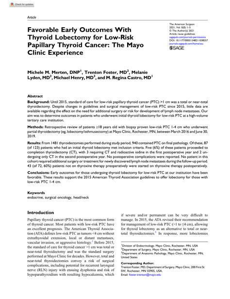 Pdf Favorable Early Outcomes With Thyroid Lobectomy For Low Risk