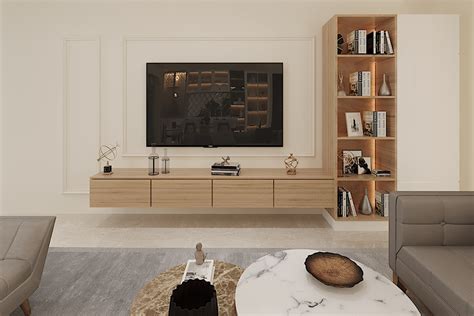 Spacious White And Wood TV Unit Design Livspace