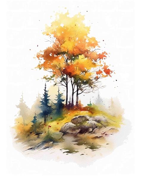 Watercolor Autumn Forest Vignette Fall Nature Digital Art Print