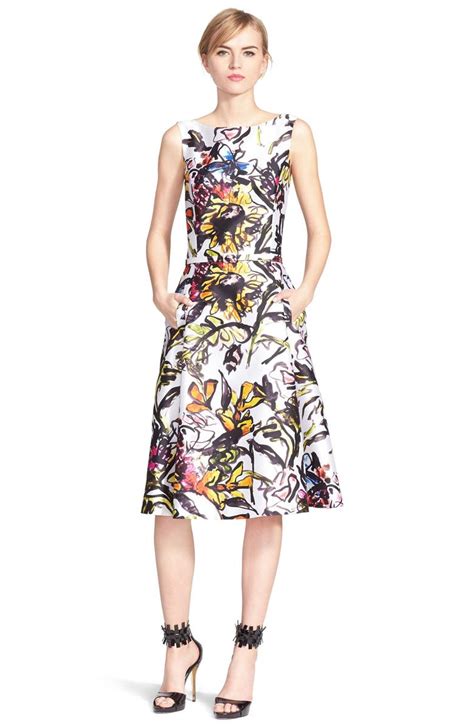 Oscar De La Renta Floral Print Silk Blend Mikado Fit And Flare Dress