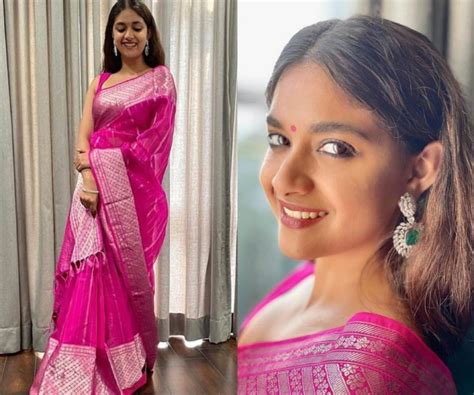 Keerthy Suresh Dazzles At Her Friends Wedding In A Pink Silk Saree