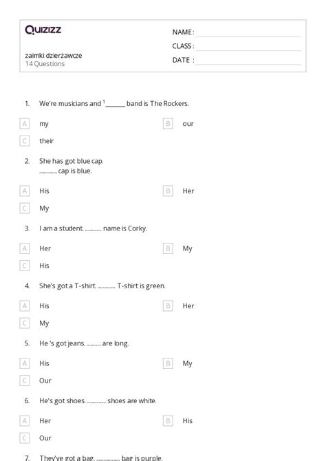 Ponad 50 Zaimki dzierżawcze arkuszy roboczych dla Klasa 4 w Quizizz