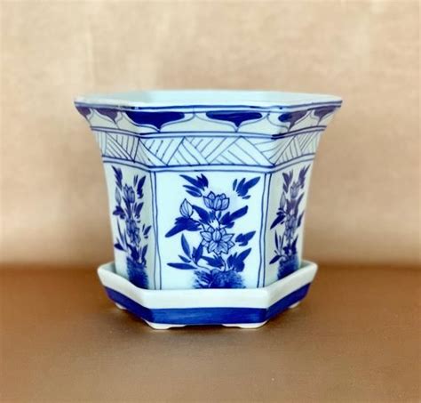 Chinoiserie Planter Blue White Asian Pottery Tray Planter Etsy