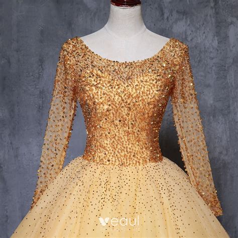 Chic Beautiful Gold Prom Dresses 2019 Ball Gown Scoop Neck Beading