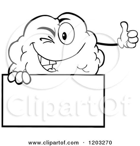 Cartoon Of A Black And White Happy Brain Mascot Holding A Thumb Up Over