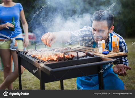 Happy Students Having Barbecue Summer Day Forest — Stock Photo © nd3000 ...