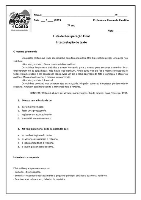 Pdf Lista De Recupera O Final Interpreta O De Textoadmin Webplus