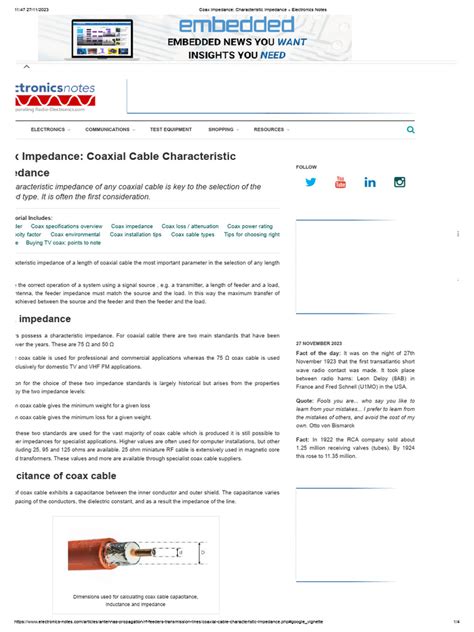 Coax Impedance - Characteristic Impedance Electronics Notes | PDF | Coaxial Cable | Antenna (Radio)