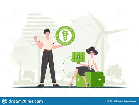 Woman And Man And Solar Panel Eco Energy Concept Vector Illustration