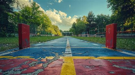 Premium Photo | Track and field hurdles on a bright green field speed ...