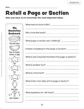 Retell A Page Or Section Reading Response Bookmark Graphic Organizer