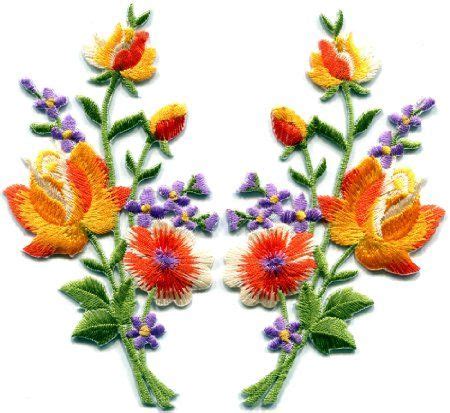 Orange Roses Pair Flowers Floral Bouquet Boho Embroidered Appliques