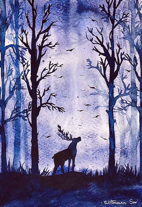 Monochrome painting / Original watercolor forest deer / Wall art 10 by ...