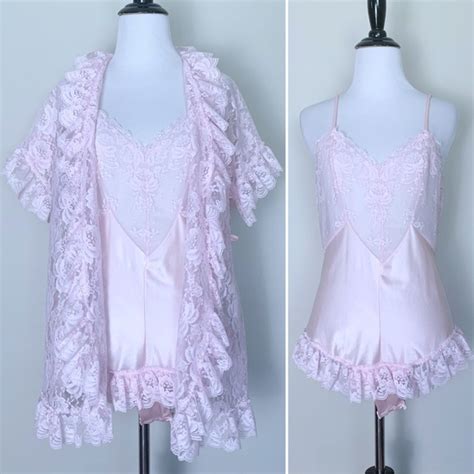 Vintage Intimates Sleepwear Vtg S S Baby Pink Lace Teddy Robe Lingerie Set Small Poshmark