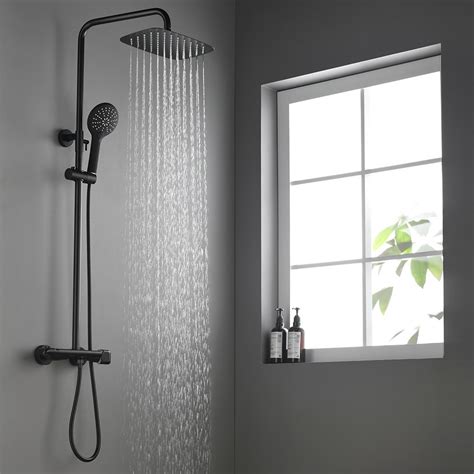 Contemporary Shower System Thermostatic Matte Black Solid Brass