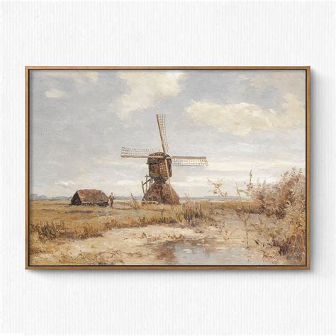 Dutch Windmill Landscape Painting, Windmill Vintage Print, Oil Painting ...