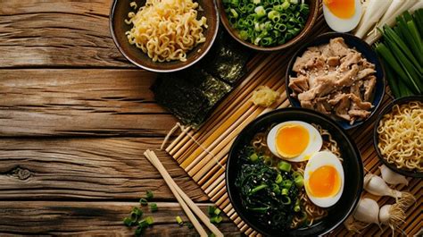 Premium Photo | Japanese Tonkotsu Ramen Ingredients on Bamboo Mat