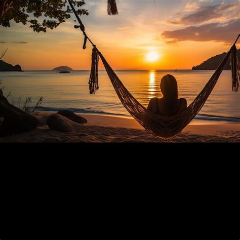 Premium AI Image Person Relaxing In A Hammock In The Beach At Sunset