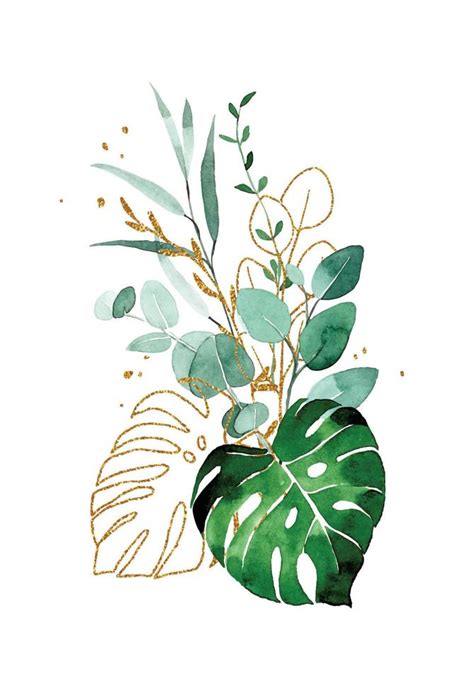 Watercolor Drawing Bouquet Composition From Tropical Leaves Of