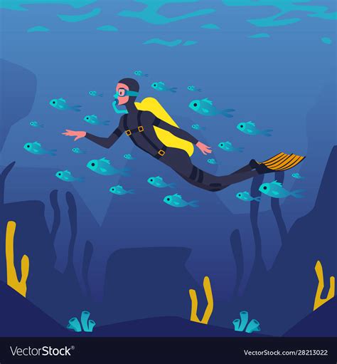 Cartoon Diver Swimming Underwater Surrounded By Vector Image