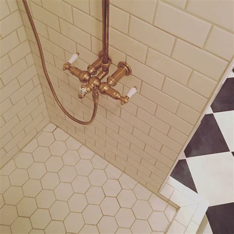 Bathroom Remodel Polished Brass Subway Tile Gray Grout Decor Ideas