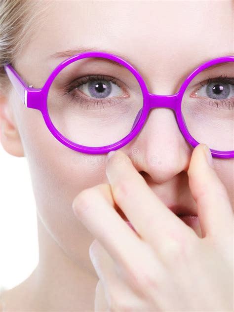 Nerdy Woman Holding Nose Smelling Bad Scent Stock Photo Image Of