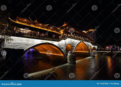 Night View Of Beautiful Anshun Bridge Above Jinjiang River Chengdu