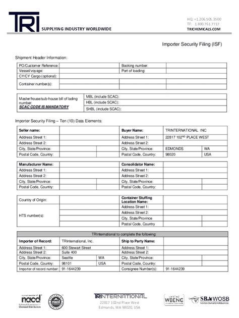 Fillable Online Importer Security Filing Information Instructions