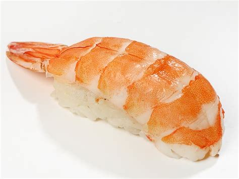 Nigiri Sushi With Tiger Shrimp Close Up White Background Stock Image