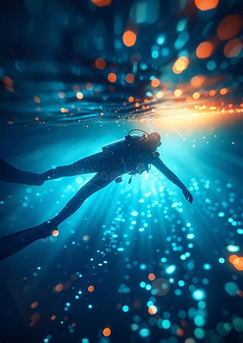 Silhouette Of Scuba Diver Exploring Underwater World With Colorful