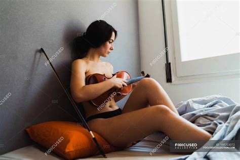 Naked Woman Posing With Violin Underwear Melody Stock Photo