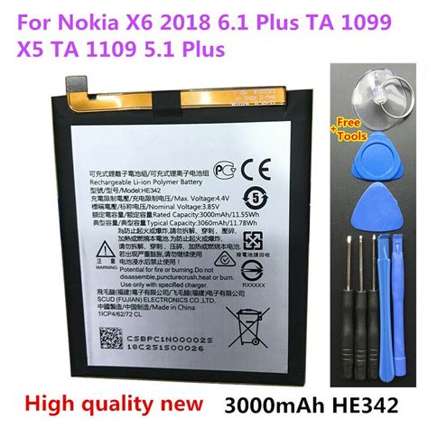 New 3000mAh HE342 Battery For X6 2018 6 1 Plus TA 1099 X5 TA 1109 5 1