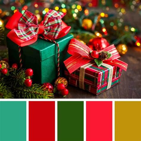 The Color Scheme Is Red Green And Yellow With Presents On It In Front Of Christmas Lights