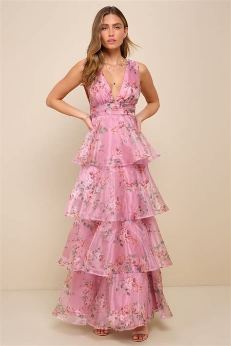 Pink Floral Print Dress Tiered Maxi Dress Organza Maxi Dress Lulus