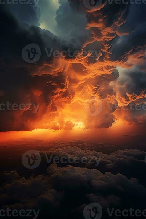 Ai Generative Black Orange Yellow Sunset Evening Sky With Clouds Dark