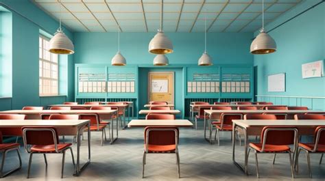 Premium Photo | Empty classroom and empty seats with blue background