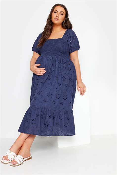 Bump It Up Maternity Plus Size Navy Blue Cotton Broderie Midi Dress