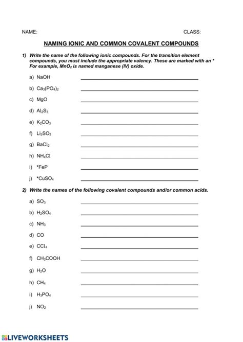 Chemistry Worksheet Naming Compounds And Writing Formulas