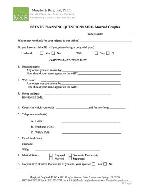 Fillable Online ESTATE PLANNING QUESTIONNAIRE Married Couples Fax