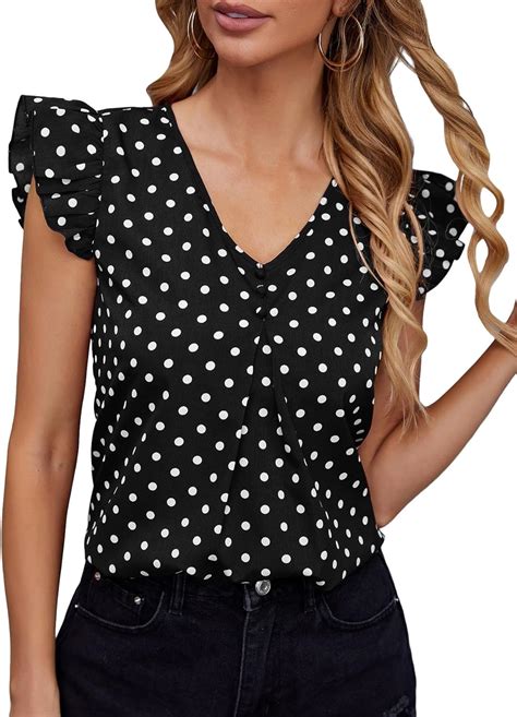 Wdirara Womens Polka Dots Ruffle Trim Shirt V Neck Cap Sleeve Button