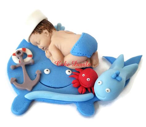 Whale Baby Shower Fondant Sleeping Baby Cake Topper Nautical Baby