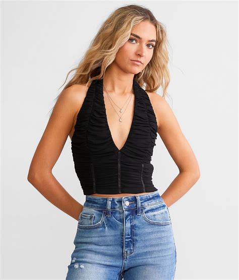 Willow And Root Shirred Mesh Cropped Halter Tank Top Womens Tank Tops