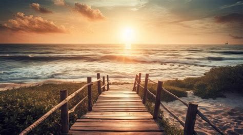 Una pasarela de madera conduce a la playa con la puesta de sol detrás