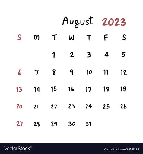 August Calendar 2023 Hand Draw Royalty Free Vector Image